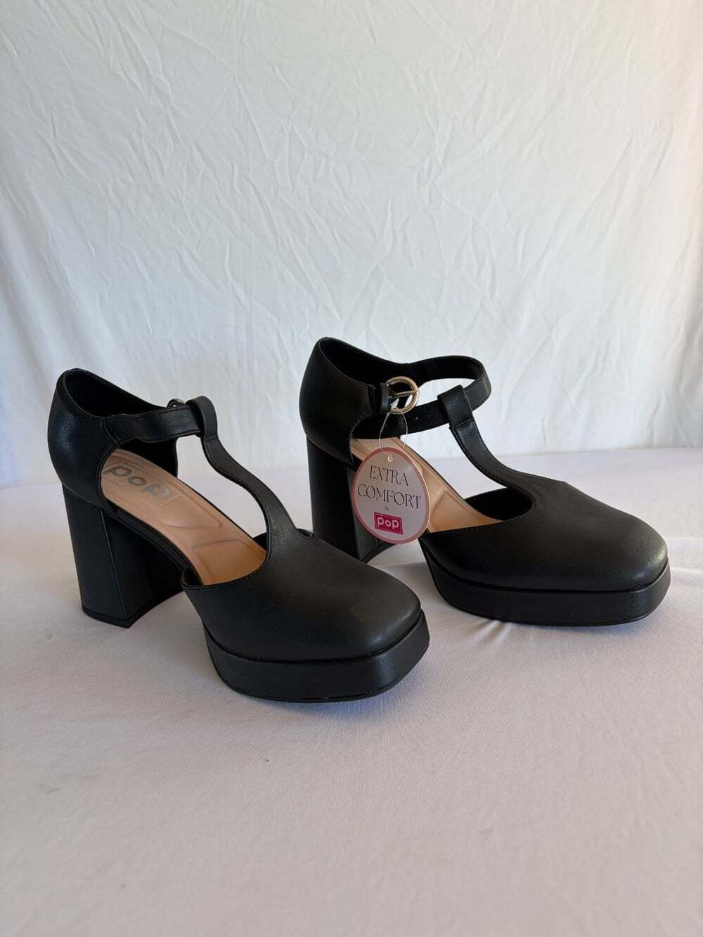 POP Worthy Women's Platform T-Strap Block Heel Pumps Black US 8.5